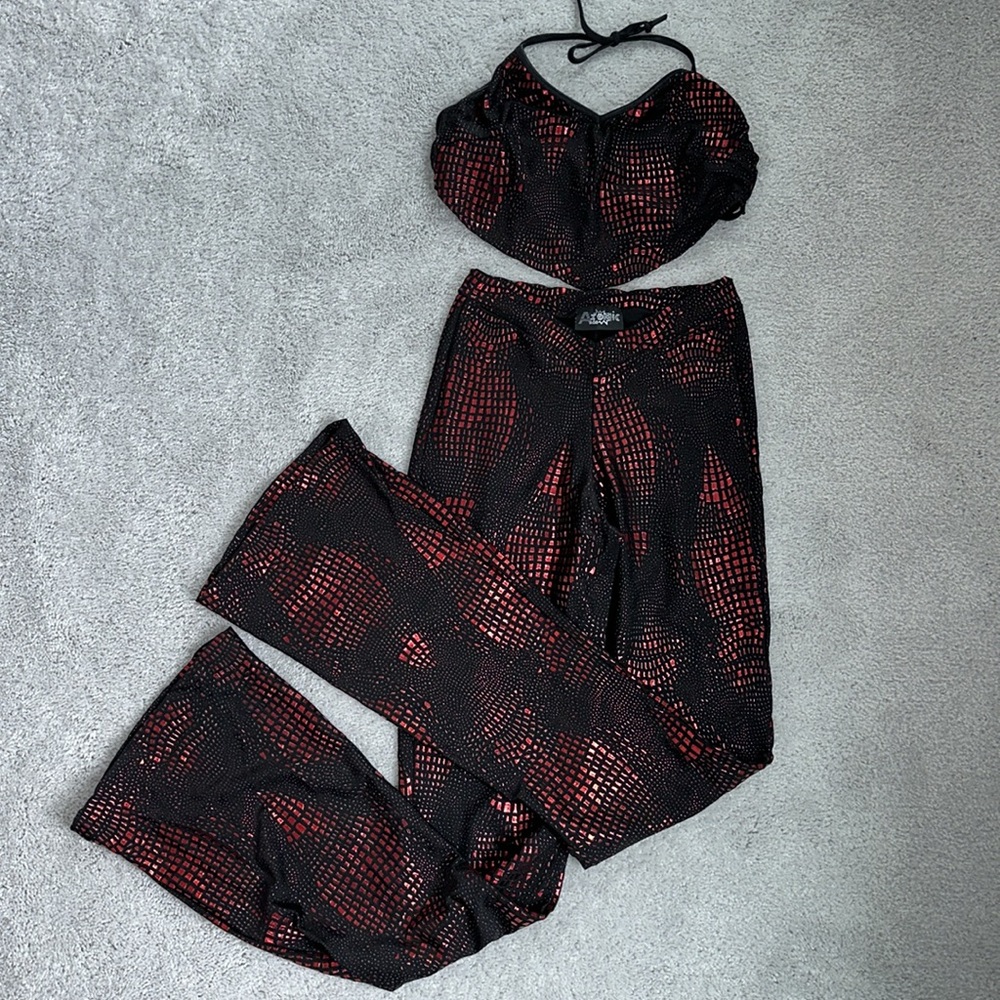 Y2K Atomic Age Pant & Crop Top Set Black & Red Liquid Metallic